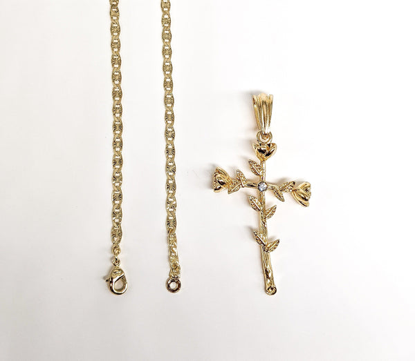 Plated Cross with Flower Pendant and Chain Set