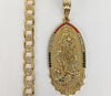Plated Virgin Mary Pendant and Diamond Cuban Link Chain Set