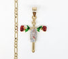 Plated Tri-Gold Cross Red Rose Pendant and Figaro Chain Set
