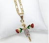 Plated Tri-Gold Cross Red Rose Pendant and Figaro Chain Set