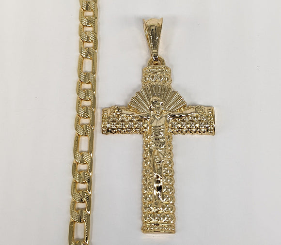 Plated Cross Pendant and Diamond Figaro Chain Set