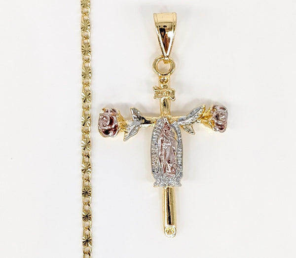Plated Tri-Gold Cross Rose Pendant and Chain Set