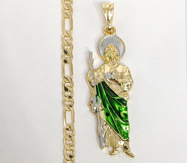 Gold Plated Multicolor Saint Jude Pendant and Figaro Chain Set