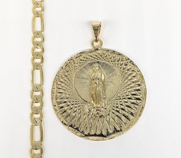 Plated Virgin Mary Medalla Pendant and Rounded Figaro Chain Set*