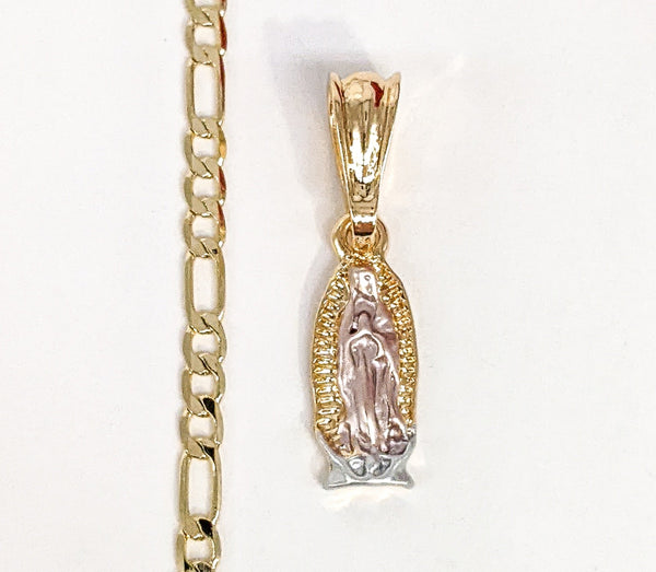 Gold Plated Tri-Gold Mini Dainty Virgin Mary Pendant and Figaro Chain Set