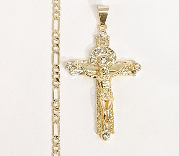 Gold Plated Cross 4mm Figaro Chain Necklace
