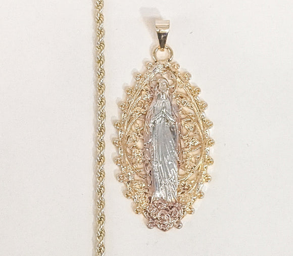 Plated Tri-Gold Virgin Mary 2mm Rope/Braided Chain Necklace