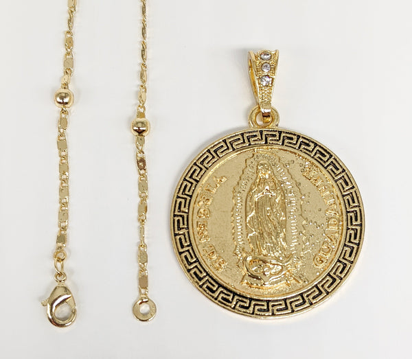 Gold Plated Virgin Mary Pendant and Pearl Chain Set
