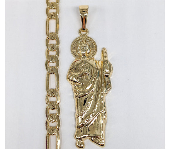 Plated Saint Jude Pendant and Diamond Figaro Chain Set