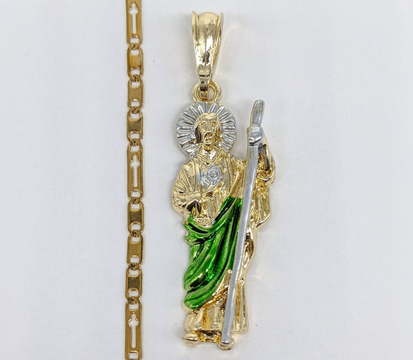 Plated Multicolor Saint Jude Pendant and Stainless Steel Chain Necklace